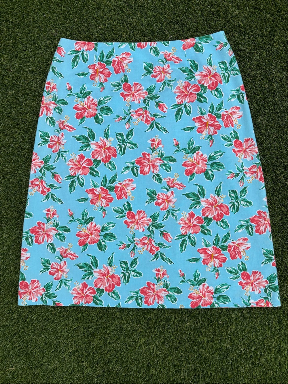 Hibiscus Floral Pencil Skirt – Light Blue Tropical Print, 100%Cotton, Size 10-12